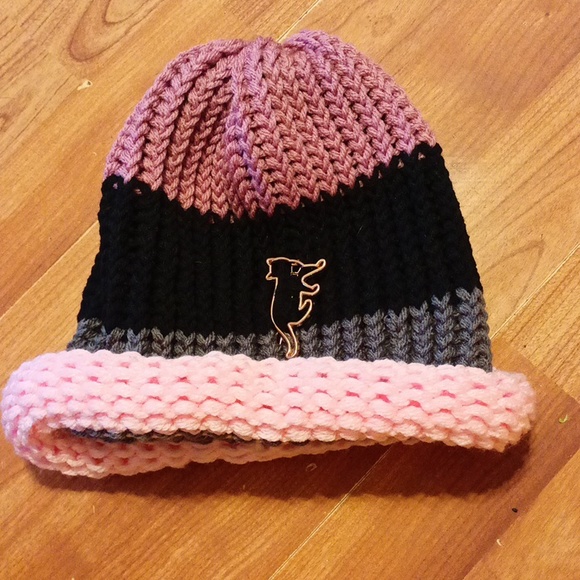 Cat Lovers Knit Hat beanie Fall season Pink Black Gray adult sz with hair clip - Picture 3 of 3